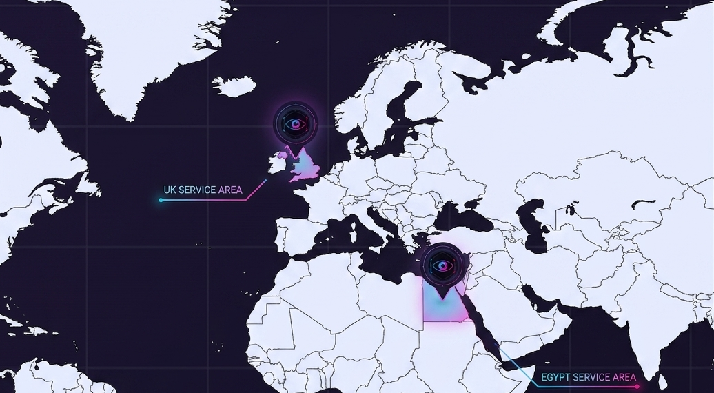 Map showing service areas: Egypt (Cairo, Alexandria, Giza) and United Kingdom (London, Manchester, Birmingham)